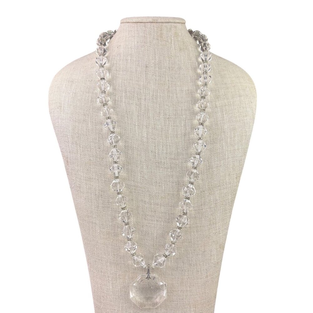 Vintage Faceted Clear Crystal Bead Necklace Silver Tone Clasp